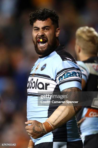 Andrew Fifita of the Sharks shows his emotion during the round nine NRL match between the Wests Tigers and the Cronulla Sharks at Leichhardt Oval on...