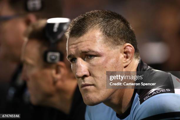 Paul Gallen of the Sharks looks on during the round nine NRL match between the Wests Tigers and the Cronulla Sharks at Leichhardt Oval on April 29,...