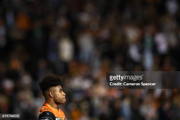 Kevin Naiqama of the Tigers looks on during the round nine NRL match between the Wests Tigers and the Cronulla Sharks at Leichhardt Oval on April 29,...