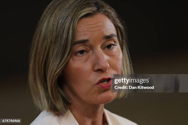 S High representative for foreign affairs and security policy Federica Mogherini speaks to the media as he arrives at the Council of the European...