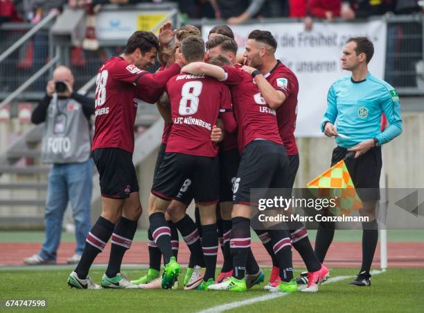 Team of Nuernberg celebrate the first goal against Stuttgart during the Second Bundesliga match between 1. FC Nuernberg and VfB Stuttgart at Arena...