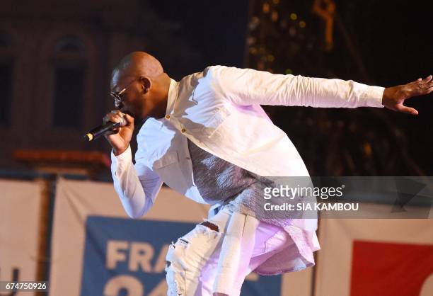 French singer Bedaya N'Garo Singuila aka Singuila sings at the Festival des Musiques Urbaines d'Anoumabo on April 29 at the Papa Wemba square in...