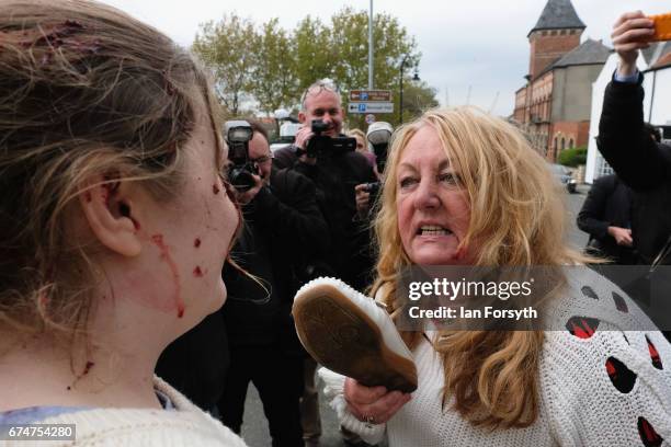 Independence Party supporter argues with a pro-europe supporter ahead of a visit by UKIP leader Paul Nuttall to Hartlepool on April 29, 2017 in...