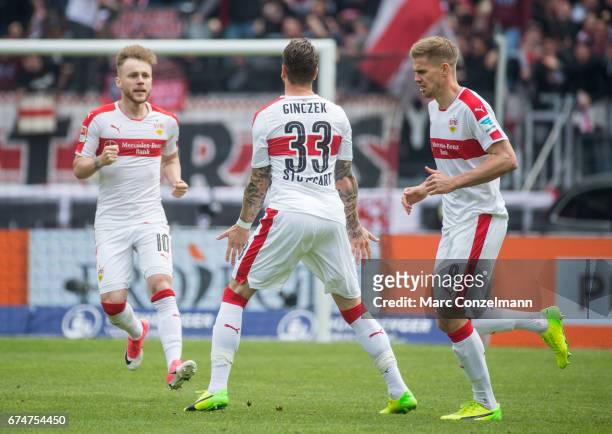 Daniel Ginczek and his team of Stuttgart celebrate his goal during the Second Bundesliga match between 1. FC Nuernberg and VfB Stuttgart at Arena...