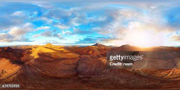 360x180 degree full spherical (equirectangular) aerial panorama of desert landscape in fuerteventura, canary islands - 360 stock pictures, royalty-free photos & images
