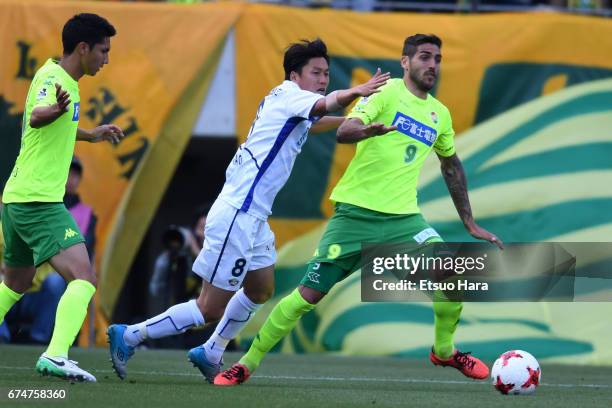 Joaquin Larrivey of JEF United Chiba and Ken Iwao of Tokushima Vortis compete for the ball during the J.League J2 match between JEF United Chiba and...