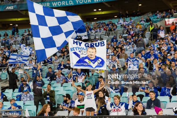 Fan holds up a banner in support of Josh Reynolds during the round nine NRL match between the Canterbury Bulldogs and the Canberra Raiders at ANZ...