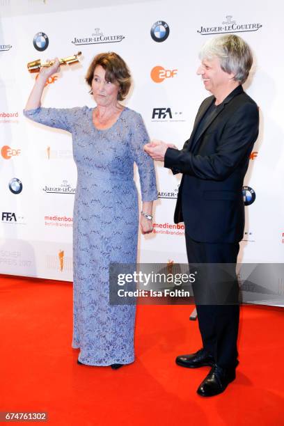 Award winner best film editor Monika Schindler and laudator Andreas Dresen at the Lola - German Film Award winners board at Messe Berlin on April 28,...