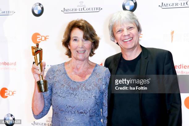 Award winner best film editor Monika Schindler and laudator Andreas Dresen at the Lola - German Film Award winners board at Messe Berlin on April 28,...