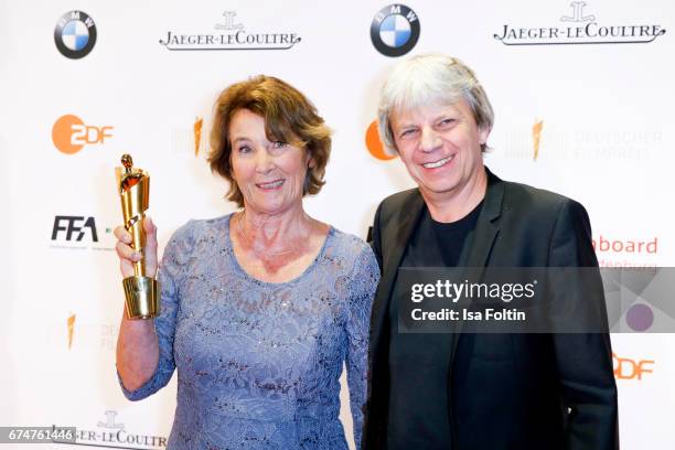 Award winner best film editor Monika Schindler and laudator Andreas Dresen at the Lola - German Film Award winners board at Messe Berlin on April 28,...