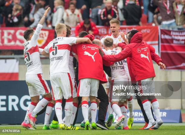 Team of Stuttgart celebrates the 2:3 goal during the Second Bundesliga match between 1. FC Nuernberg and VfB Stuttgart at Arena Nuernberg on April...