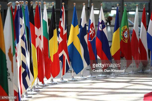 Members states flags are lined up at the Council of the European Union ahead of an EU Council meeting on April 29, 2017 in Brussels, Belgium. The 27...