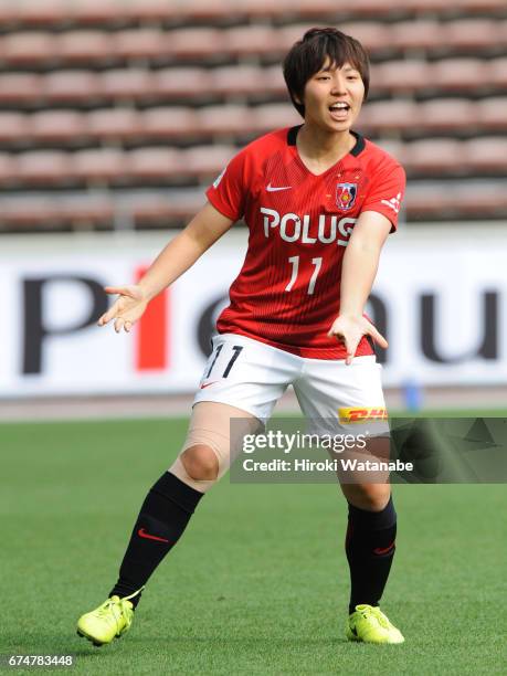 Kiko Seike of Urawa Red Diamonds Ladies gestures during the Nadeshiko League match between Urawa Red Diamonds Ladies and Mynavi Vegalta Sendai Ladies...