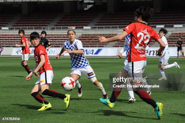 Katrina Gorry of Mynavi Vegalta Sendai Ladies and Aoi Kizaki of Urawa Red Diamonds Ladies compete for the ball during the Nadeshiko League match...