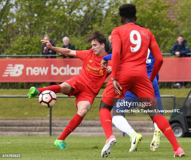 Liam Millar of Liverpool has a shot on goal during the Liverpool v Chelsea U18 Premier League game at The Kirkby Academy on April 29, 2017 in Kirkby,...