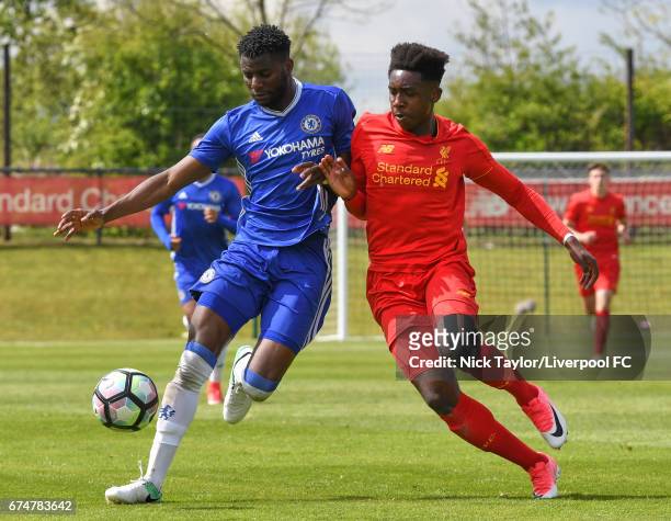 Okera Simmonds of Liverpool and Joseph Colley of Chelsea in action during the Liverpool v Chelsea U18 Premier League game at The Kirkby Academy on...