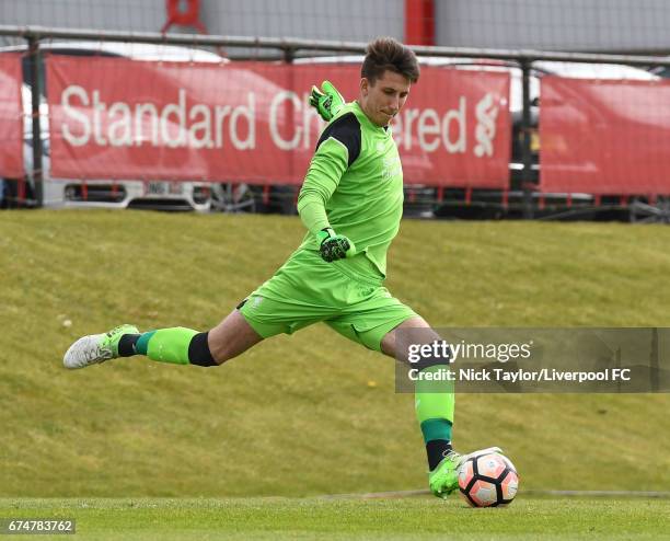 Kamil Grabara of Liverpool in action during the Liverpool v Chelsea U18 Premier League game at The Kirkby Academy on April 29, 2017 in Kirkby,...