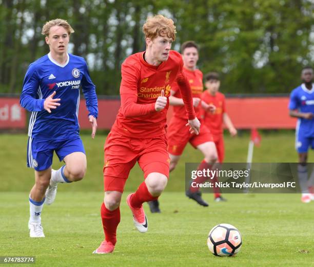 Glen McAuley of Liverpool and Luke McCormick of Chelsea in action during the Liverpool v Chelsea U18 Premier League game at The Kirkby Academy on...