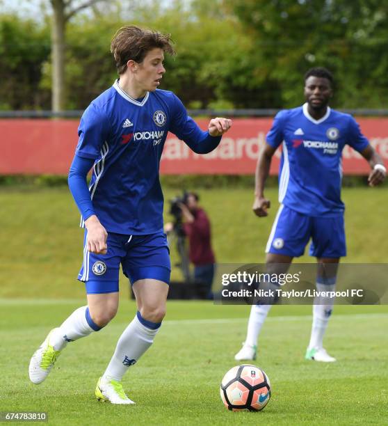 Conor Gallagher of Chelsea in action during the Liverpool v Chelsea U18 Premier League game at The Kirkby Academy on April 29, 2017 in Kirkby,...