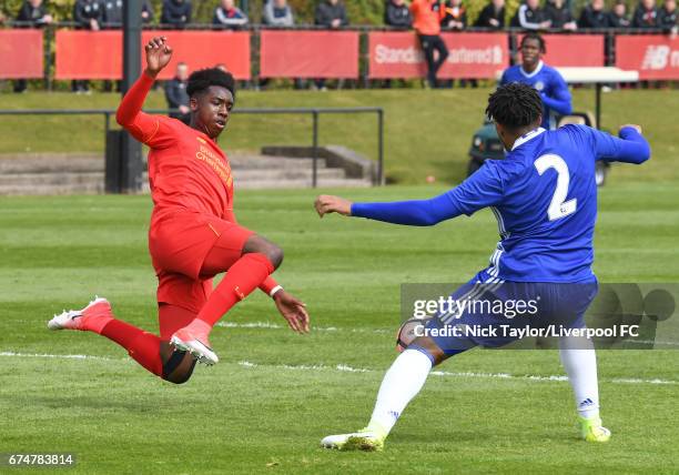 Okera Simmonds of Liverpool and Reece James of Chelsea in action during the Liverpool v Chelsea U18 Premier League game at The Kirkby Academy on...