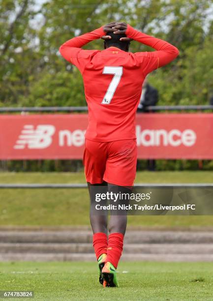 Bobby Adekanye of Liverpool reacts to a near miss from his shot during the Liverpool v Chelsea U18 Premier League game at The Kirkby Academy on April...