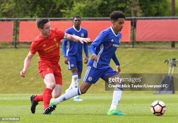 Liam Coyle of Liverpool and Jacob Maddox of Chelsea in action during the Liverpool v Chelsea U18 Premier League game at The Kirkby Academy on April...
