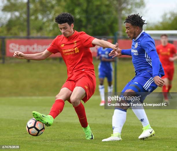 Curtis Jones of Liverpool and Reece James of Chelsea in action during the Liverpool v Chelsea U18 Premier League game at The Kirkby Academy on April...