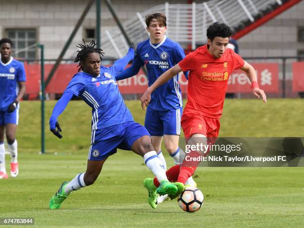 Curtis Jones of Liverpool and Tariq Uwakwe of Chelsea in action during the Liverpool v Chelsea U18 Premier League game at The Kirkby Academy on April...