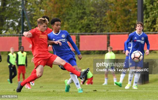 Adam Lewis of Liverpool and Jacob Maddox of Chelsea in action during the Liverpool v Chelsea U18 Premier League game at The Kirkby Academy on April...