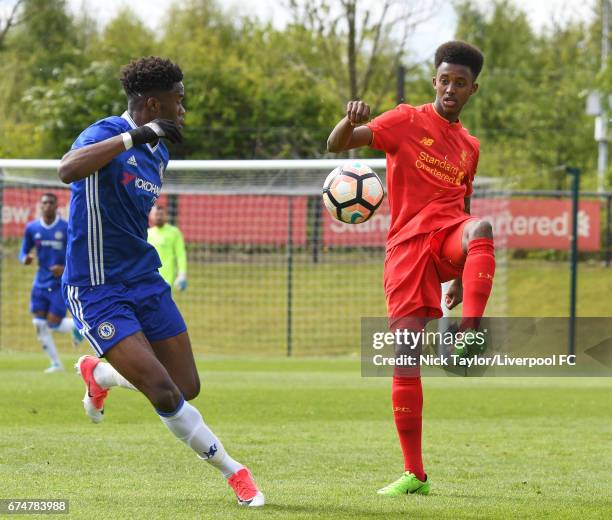 Abdi Sharif of Liverpool and Ike Ugbo of Chelsea in action during the Liverpool v Chelsea U18 Premier League game at The Kirkby Academy on April 29,...