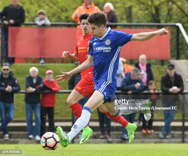 Curtis Jones of Liverpool and Harvey St Clair of Chelsea in action during the Liverpool v Chelsea U18 Premier League game at The Kirkby Academy on...