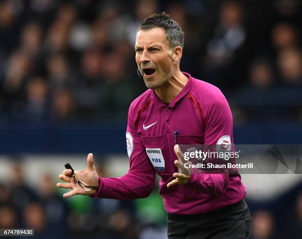 Referee, Mark Clattenburg reacts the Premier League match between West Bromwich Albion and Leicester City at The Hawthorns on April 29, 2017 in West...