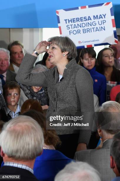 British Prime Minister Theresa May speaks at an election campaign rally on April 29, 2017 in Banchory, Scotland. The Prime Minister is campaigning in...