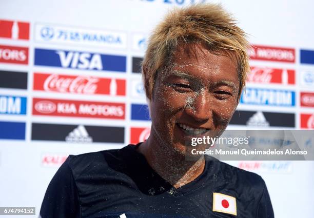 Takasuke Goto of Japan speaks to the media after the FIFA Beach Soccer World Cup Bahamas 2017 group D match between Japan and Poland at National...