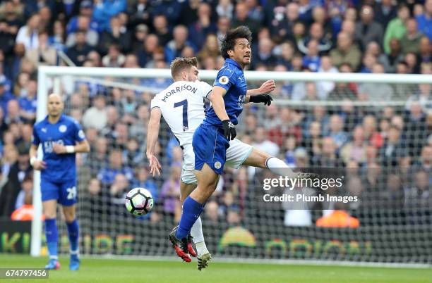 Shinji Okazaki of Leicester City in action with James Morrison of West Bromwich Albion during the Premier League match between West Bromwich Albion...