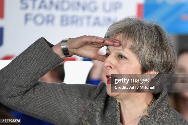 British Prime Minister Theresa May speaks at an election campaign rally on April 29, 2017 in Banchory, Scotland. The Prime Minister is campaigning in...