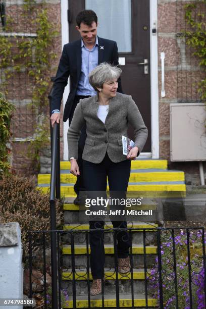 British Prime Minister Theresa May campaigns on the streets on April 29, 2017 in Banchory, Scotland. The Prime Minister is campaigning in Scotland...