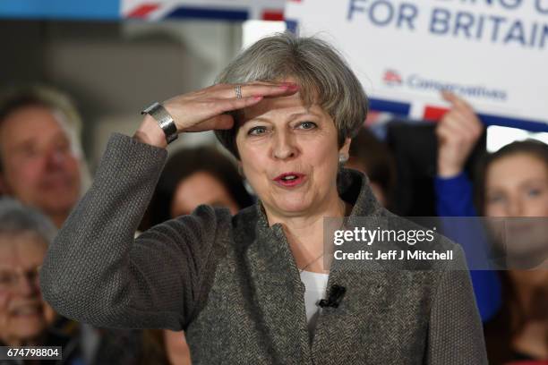 British Prime Minister Theresa May speaks at an election campaign rally on April 29, 2017 in Banchory, Scotland. The Prime Minister is campaigning in...