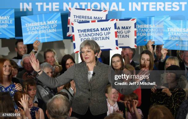 British Prime Minister Theresa May speaks at an election campaign rally on April 29, 2017 in Banchory, Scotland. The Prime Minister is campaigning in...