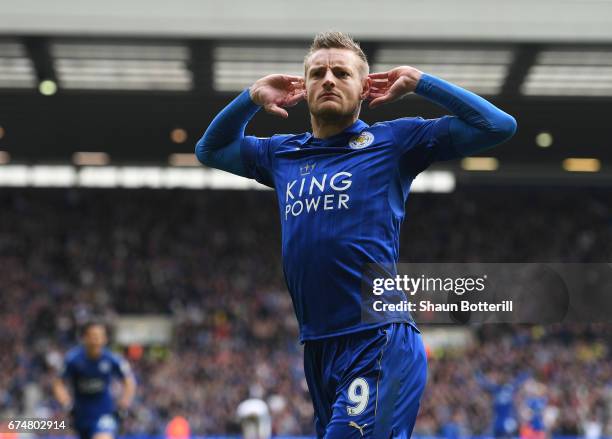 Jamie Vardy of Leicester City celebrates after scoring his sides first goal during the Premier League match between West Bromwich Albion and...