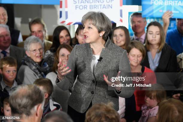 British Prime Minister Theresa May speaks at an election campaign rally on April 29, 2017 in Banchory, Scotland. The Prime Minister is campaigning in...