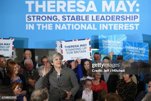 British Prime Minister Theresa May speaks at an election campaign rally on April 29, 2017 in Banchory, Scotland. The Prime Minister is campaigning in...