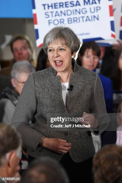 British Prime Minister Theresa May speaks at an election campaign rally on April 29, 2017 in Banchory, Scotland. The Prime Minister is campaigning in...