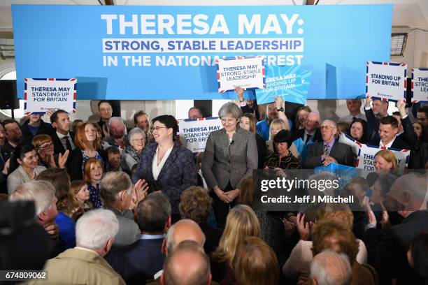 British Prime Minister Theresa May at an election campaign rally with Scottish Conservative Leader Ruth Davidson on April 29, 2017 in Banchory,...