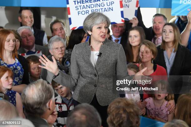 British Prime Minister Theresa May speaks at an election campaign rally on April 29, 2017 in Banchory, Scotland. The Prime Minister is campaigning in...