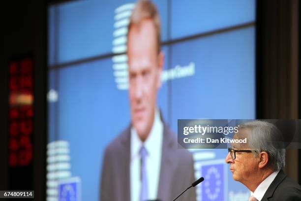 President of the European Council Donald Tusk, and President of the European Commission Jean-Claude Juncker speak during a press conference after an...