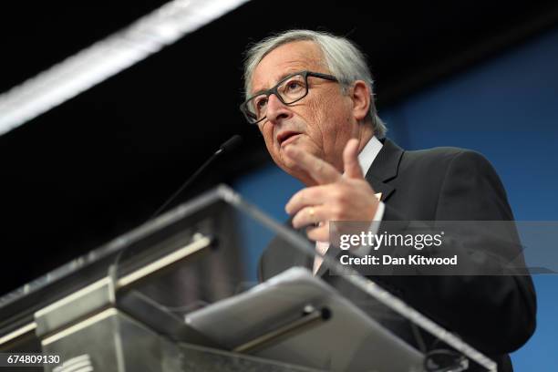 President of the European Commission Jean-Claude Juncker after an EU Council meeting on April 29, 2017 in Brussels, Belgium. The 27 members of the...