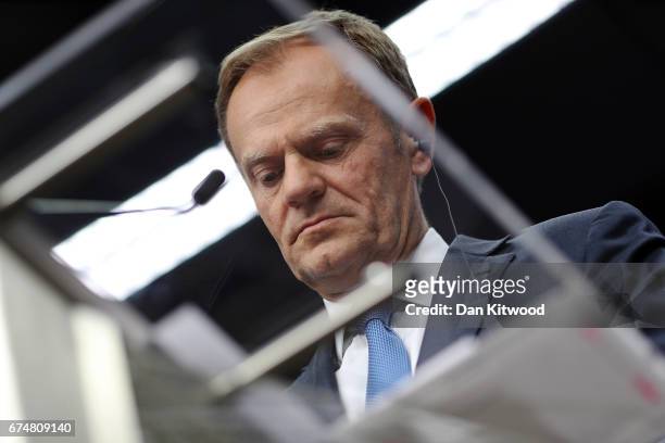 President of the European Council Donald Tusk speaks during a press conference after an EU Council meeting on April 29, 2017 in Brussels, Belgium....