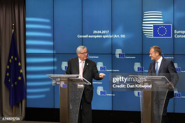 President of the European Council Donald Tusk, and President of the European Commission Jean-Claude Juncker speak during a press conference after an...