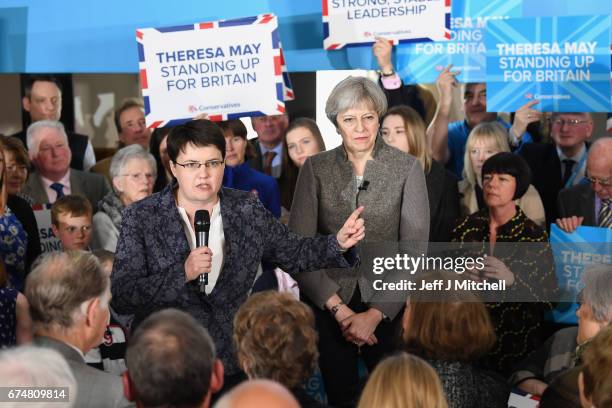 British Prime Minister Theresa May at an election campaign rally with Scottish Conservative Leader Ruth Davidson on April 29, 2017 in Banchory,...